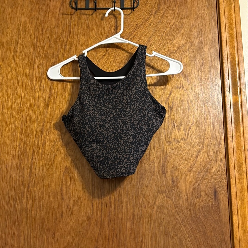black and brown sports crop top with built in bra